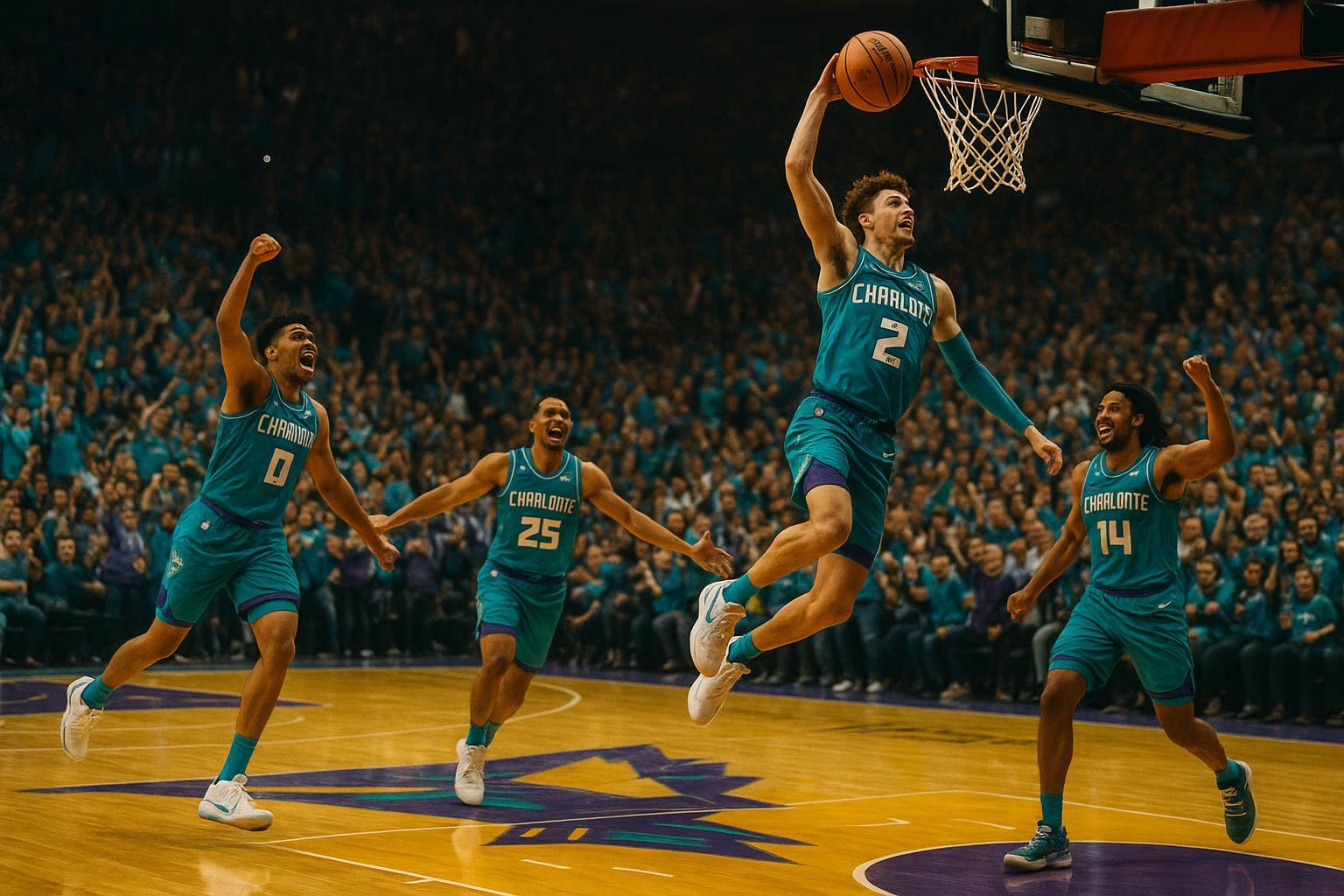 Charlotte Hornets em alta! Com 7 vitórias seguidas e a chegada de Xavier Tillman, o time vive seu melhor momento na NBA. Confira destaques e resultados. (imagem gerada com inteligência artificial)