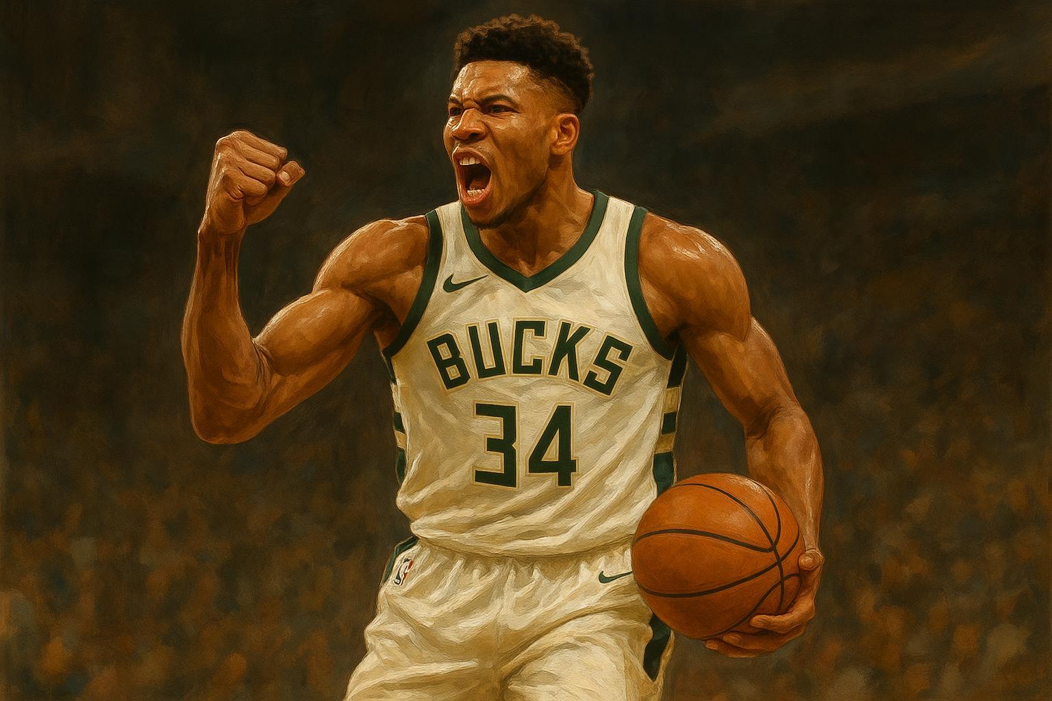 Giannis Antetokounmpo garante que jamais pedirá troca do Milwaukee Bucks. Em entrevista, o astro reafirmou sua lealdade e compromisso total com a franquia. (imagem gerada com inteligência artificial)