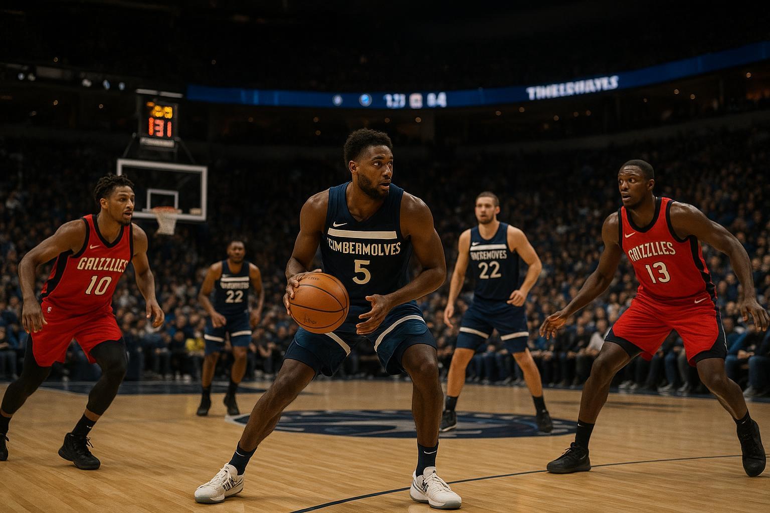 Confira os detalhes de Grizzlies x Timberwolves. Minnesota venceu por 131 a 114, com 33 pontos de Anthony Edwards. Veja o resumo e destaques da rodada NBA. (imagem gerada com inteligência artificial)