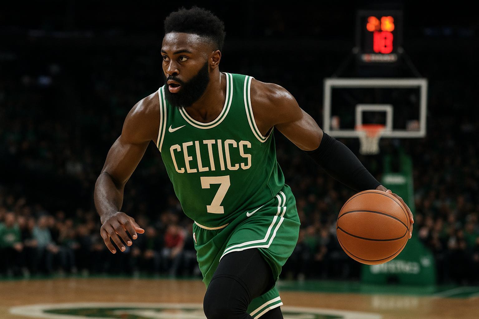 Acompanhe as últimas de Jaylen Brown. Veja estatísticas, destaques e tudo sobre o desempenho do MVP das Finais e astro dos Celtics na NBA. (imagem gerada com inteligência artificial)