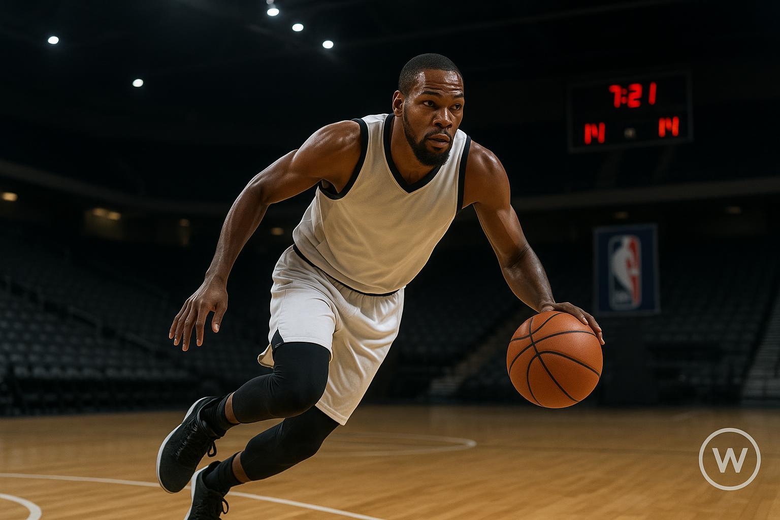 Kevin Durant faz história como 6º maior cestinha da NBA, mas lesão no tornozelo o tira do próximo jogo. Saiba tudo sobre a situação do astro dos Rockets. (imagem gerada com inteligência artificial)