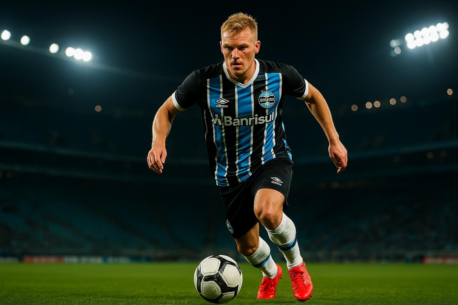 O atacante dinamarquês Martin Braithwaite, ex-Barcelona, está feliz e motivado no Grêmio. Confira o perfil, estatísticas e a trajetória do jogador tricolor. (imagem gerada com inteligência artificial)