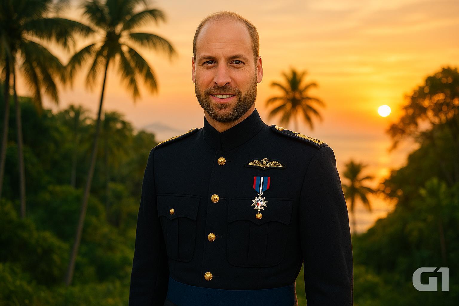 O príncipe William viralizou na web com novo visual militar e barba robusta. Saiba mais sobre sua visita ao Brasil e a mudança de seu papel na família real. (imagem gerada com inteligência artificial)