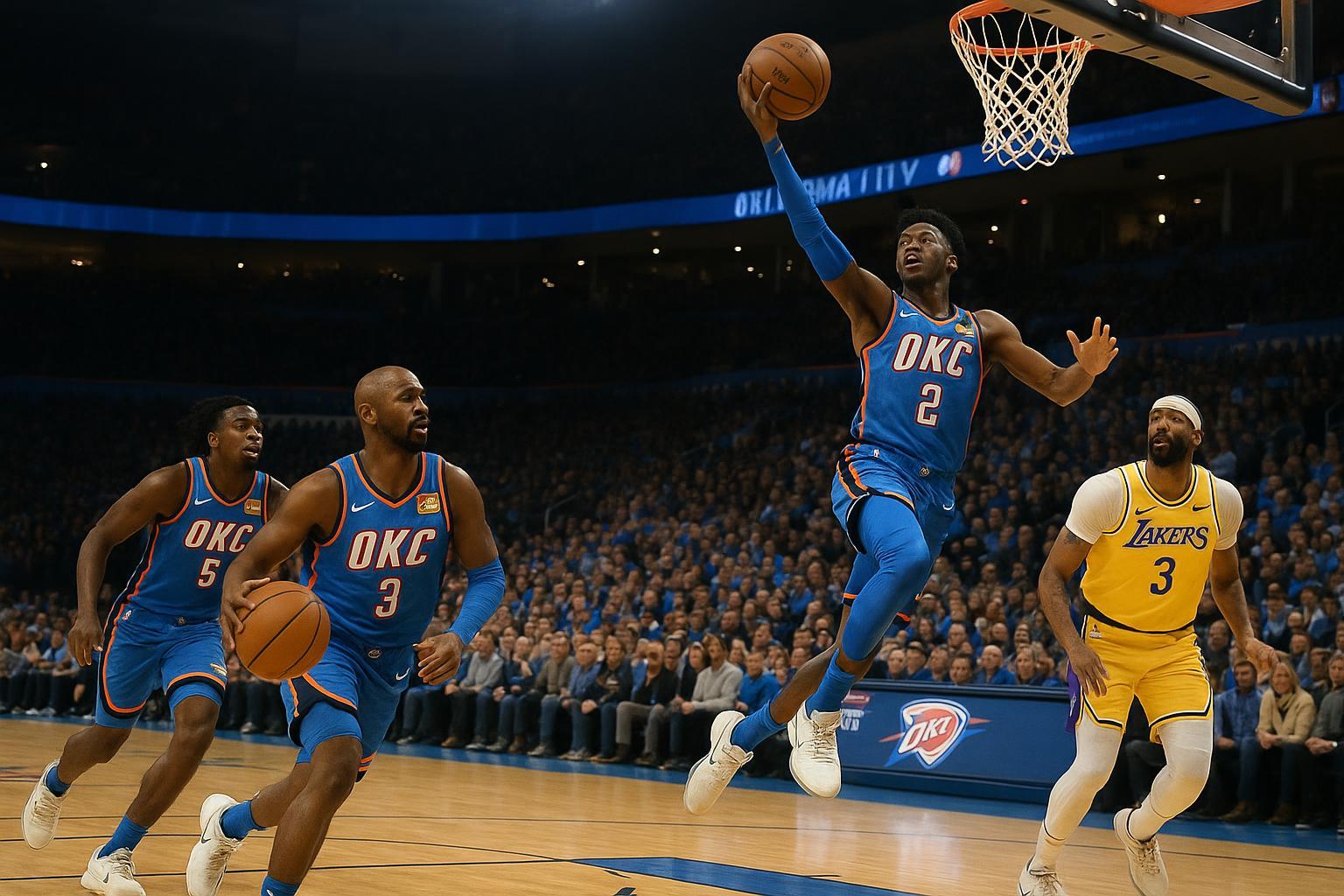 Acompanhe as últimas notícias, estatísticas e vídeos do Oklahoma City Thunder. Veja os rumores do Draft e o atropelo histórico contra os Lakers na NBA! (imagem gerada com inteligência artificial)