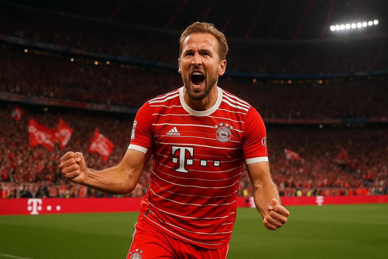 Artilheiro máximo da Bundesliga com 36 gols, o inglês Harry Kane brilha como centroavante do Bayern de Munique e inspira através da sua própria Fundação. (imagem gerada com inteligência artificial)